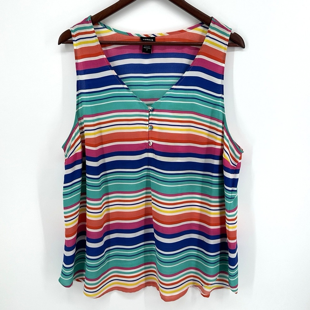 Torrid Size 3 Tank Top 3 Button Front Pullover Multicolor Stripes Summer Vibes
